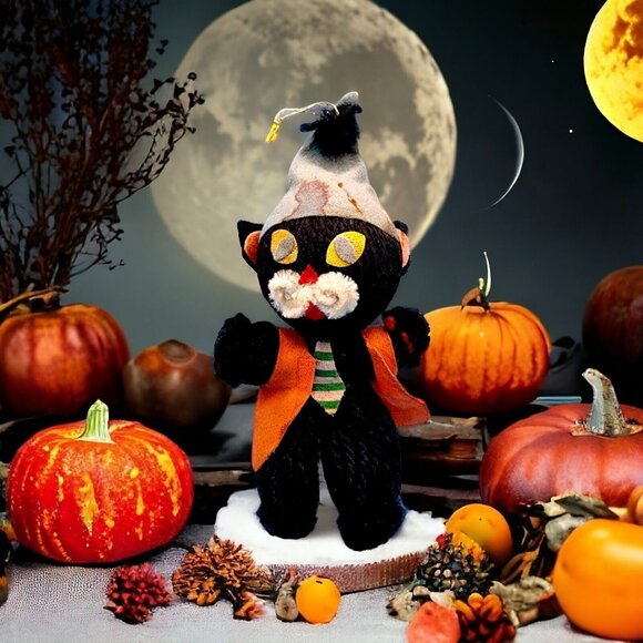Vintage Halloween Black Cat Yarn Ornament Felt Hat Vest Chenille Japan 1950s v2v - Picture 1 of 11